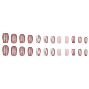 Pink glitter press-on nails with heart designs and shiny finish in 24 pieces set