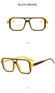 Detailed front and side view of dual-beam pilot glasses in bold black and orange finish