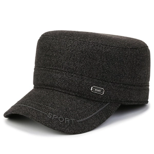 Men's dark grey wool flat top military cap with SPORT print and ear protection