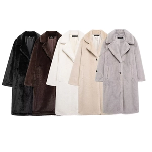 Detail view of various faux fur coats in black, brown, white, apricot and grey colors