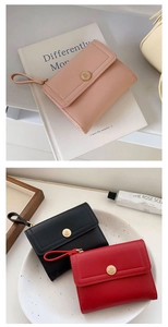 Three-fold PU leather women's wallets in pink, black and red with gold rose snap