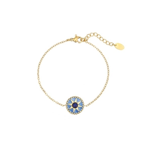 Detail view of gold eight-pointed star compass bracelet with blue enamel charm and lobster clasp