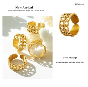 Detailed view of 18k gold plated stainless steel double layer chain ring with a close-up