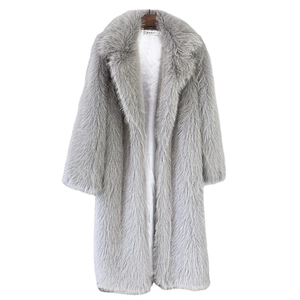Women's long faux fur coat in light grey featuring a wide lapel and smooth white lining