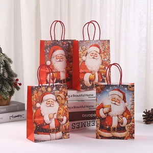 Christmas Gift Bags Kraft Paper Handbag Santa Claus Printed Holiday Party Candy Tote For Kids