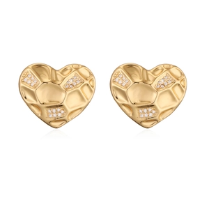 Chic 18K gold plated heart stud earrings with hammered texture and sparkling zircons