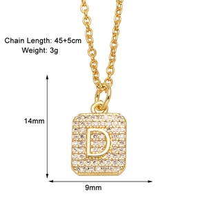 Detail view of gold letter D pendant necklace with dimensions 14mm x 9mm and 45cm chain length