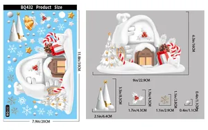 Detailed dimension guide for Christmas window stickers showing snow house and snowflake sizes