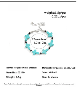 Detail of turquoise cross bracelet featuring sky blue stones and adjustable lobster clasp