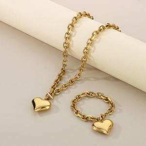Poliertes Gold-Herzanhänger-Halsketten- und Armbandset mit T-Bar-Knebelverschluss