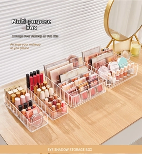 Macro shot of tiered acrylic makeup organizers on a vanity showcasing multi-slot storage