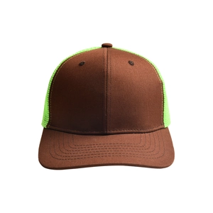 Detail of flat brim baseball cap showing brown fabric texture and green mesh breathability