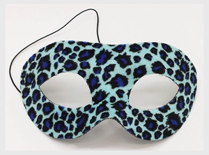Close-up of a blue and black leopard print party mask with soft velvet texture