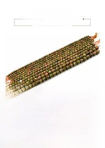 Macro detail of faceted Unakite stone beads in 4mm 6mm and 8mm sizes for DIY jewelry