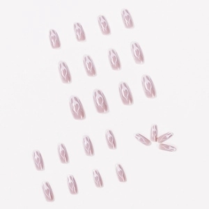 Nude pink press-on nails set with white heart flame patterns in a 24-piece layout