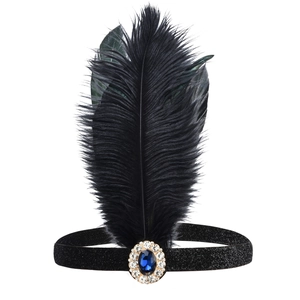 1920s Gatsby feather headband in black with sparkling fabric and blue gemstone accent