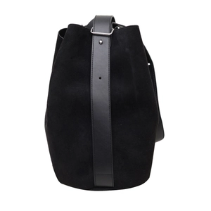 Minimalist black matte bucket bag with wide leather strap and sleek metal hardware