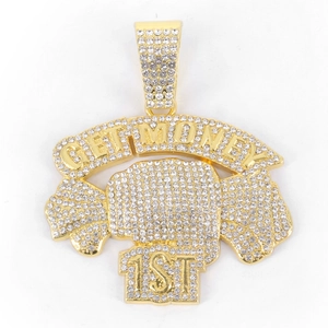 Hip hop style gold GET MONEY pendant necklace with sparkling clear rhinestones for men