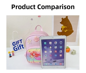 Pink mermaid toddler backpack size comparison with a tablet for scale detail