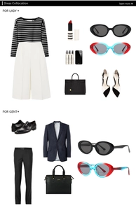 Detailed fashion mood board showing retro cat eye sunglasses paired with modern outfits