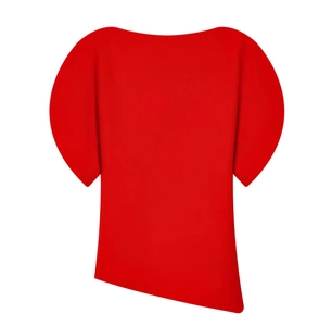Detail of red puff sleeve top featuring unique asymmetrical hem on a plain white background