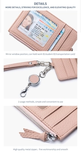 Detail of pink lychee leather card holder with clear window and metal retractable clip