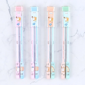 Detail of four colorful macaron pencil sets in transparent boxes with cute cartoon toast