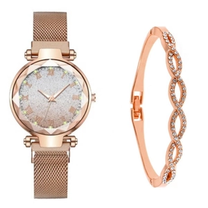 Detail of rose gold mesh watch and wave-pattern bracelet set with small crystals