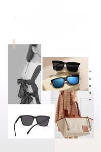 Detail view of stylish square frame sunglasses with black and blue coated lenses