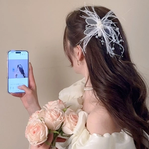 Détail de la pince à cheveux papillon en plumes blanches avec ailes en résille et perles
