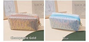 Close-up of champagne gold and blue sequin makeup bags with pearl zipper charms