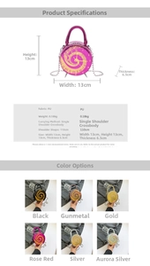 Detailed size chart for chain watch-shaped bag showing 13cm width and PU fabric specs