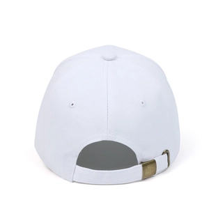 Rear view of white cotton baseball cap with adjustable bronze metal buckle strap