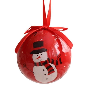 Red Christmas ball with snowman pattern and matching red ribbon for festive hanging