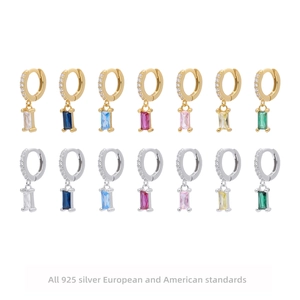 Huggie Hoop Earrings 925 Sterling Silver With Baguette Zircon Dangle Rectangular Geometric Jewelry For Women Fashion Accessory