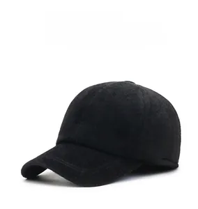 Detail view of the thick black faux mink fur winter baseball cap with metal Sport logo