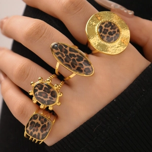 18K gold stainless steel leopard print rings in round, oval, and square shapes