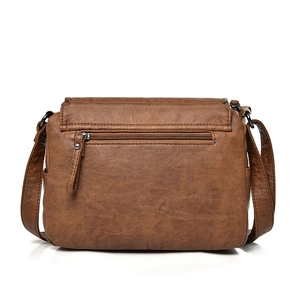Classic brown leather crossbody bag with a back zipper pocket and a matching shoulder strap
