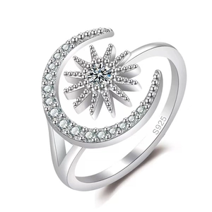 S925 sterling silver sun and moon open ring with cubic zirconia micro-inlay