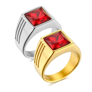 Men Vintage Titanium Steel Ring With Square Red Rhinestone Inlaid Geometric Pattern Gold Steel Plated Punk Style Band Ring Fashion Jewelry