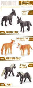 Realistic farm animal miniatures showing donkey foal, Hereford calf, and pony details