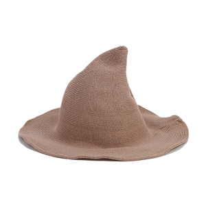 Brown knitted pointed wizard hat with wavy brim for Halloween party and fashion decoration