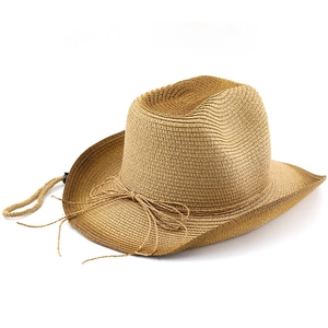 Classic Western cowboy straw hat in brown with adjustable wind rope and weave details