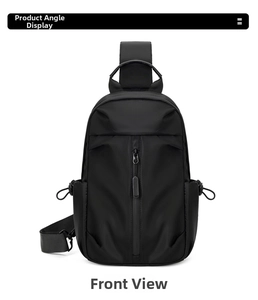 Detailed front view of black oxford fabric chest bag with vertical zipper pocket