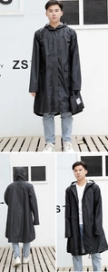 Waterproof black long hooded raincoat detail with dual zipper and matching storage bag