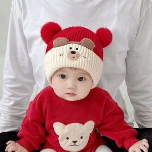 Cute baby winter knit hat with bear ears and matching red sweatshirt set for infants