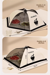 Foldable mesh food cover showing large capacity for 6-8 plates with Heureux printed text