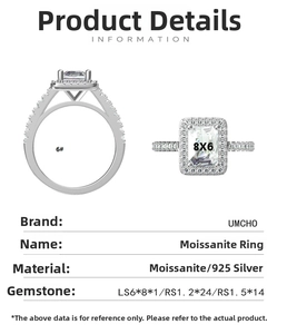 Detailed size chart showing 8x6mm moissanite dimensions and 925 silver ring specifications