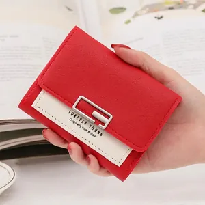 Mini bicolor red and white PU leather short wallet with silver square buckle and logo