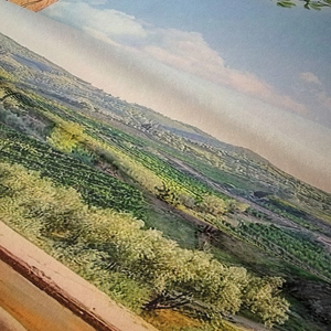 Detailed fabric texture of Bohemian tapestry with mountain landscape and nature printing